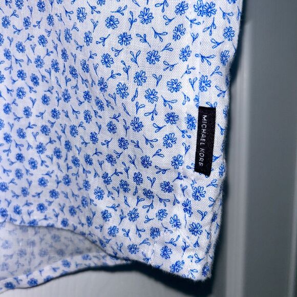 Michael Kors Linen Short Sleeve Button Down Shirt XL Slim Fit Blue White Floral - Picture 6 of 9